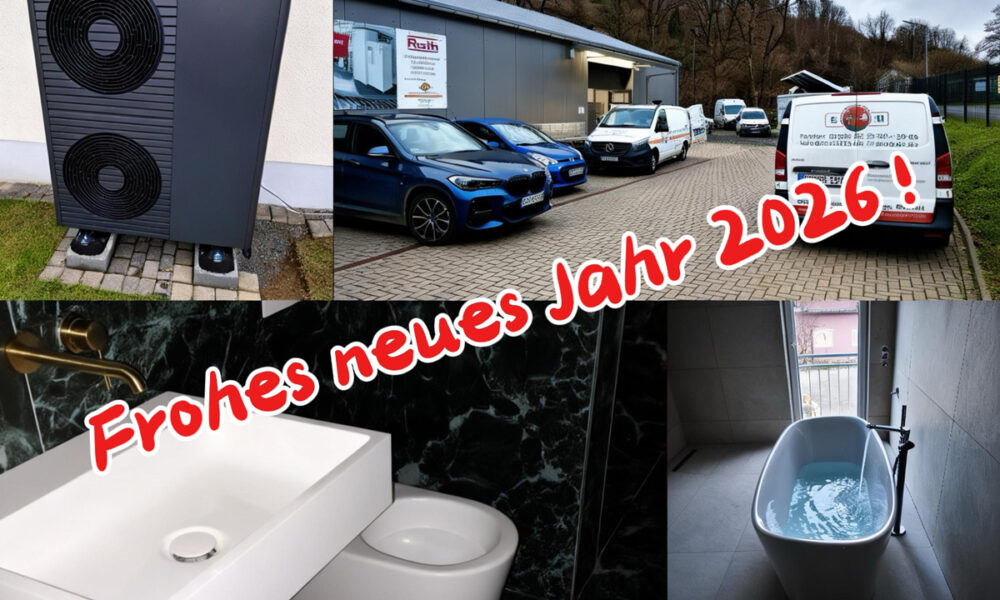Neujahrsgruß 2026 der Schiffbauer Heizung Sanitär ECO GmbH mit Bildern von Wärmepumpe, Firmengebäude, Badezimmer und Servicefahrzeugen.