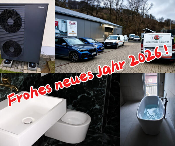 Neujahrsgruß 2026 der Schiffbauer Heizung Sanitär ECO GmbH mit Bildern von Wärmepumpe, Firmengebäude, Badezimmer und Servicefahrzeugen.