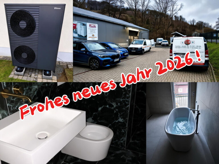Neujahrsgruß 2026 der Schiffbauer Heizung Sanitär ECO GmbH mit Bildern von Wärmepumpe, Firmengebäude, Badezimmer und Servicefahrzeugen.